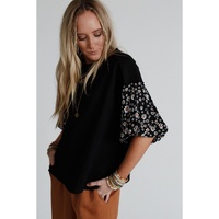 Black Contrast Floral Puff Sleeve Oversized Top - S thumbnail