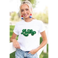 White St. Patrick Lucky Chenille Glitter Patched Graphic T Shirt - M thumbnail