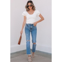 White Eyelet Ruffle Sleeve Slim Fitted Top - 2XL thumbnail