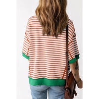 Orange Stripe Oversized Contrast Trim Exposed Seam High Low T Shirt - L thumbnail