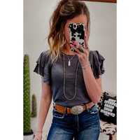 Dark Grey Layered Ruffle Short Sleeve Round Neck Top - L thumbnail