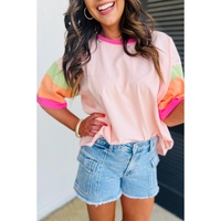 Pink Color Block Stitching Sleeve Round Neck Oversize Top - 2XL thumbnail
