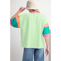 Green Color Block Stitching Sleeve Round Neck Oversize Top - L thumbnail
