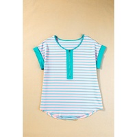 Pink Stripe Contrast Trim Half Zip Short Sleeve Top - L thumbnail