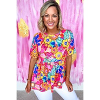 Rose Floral Print Short Sleeve Pleated Babydoll Top - M thumbnail