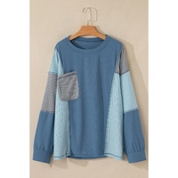 Dusk Blue Colorblock Stitching Patchwork Buttoned Long Sleeve Top - L thumbnail
