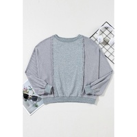 Light Grey Waffle Patchwork Long Sleeve Raw Hem Pullover Top - L thumbnail
