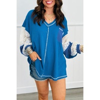 Sky Blue Lace Floral Patchwork Sleeve Stitching V Neck Rib Knit Blouse - L thumbnail