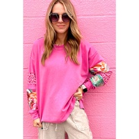 Sachet Pink Mixed Print Patch Drop Shoulder Pullover Top - S thumbnail