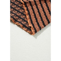 Brown Stripe Textured Frilly Trim Buttons Henley Long Sleeve Top - L thumbnail