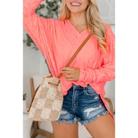 Apricot Pink Oversized Floral Jacquard V Neck Long Sleeve Top - L thumbnail