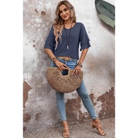 Sail Blue Solid Colour V-Neck Double Layer Sleeve Loose T-Shirt - L thumbnail