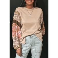 Parchment Contrast Floral Patchwork Puff Sleeve Waffle Knit Top - L thumbnail