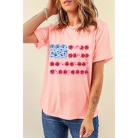 Pink Floral Printed Crew Neck Flag Day T Shirt - S thumbnail
