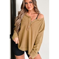 Camel Textured Knit Half Button Drop Shoulder Oversized Top - L thumbnail