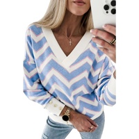 Sky Blue Zigzag Striped Print V Neck Oversized Top - L thumbnail