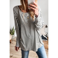 Gray Stripe Drop Sleeve Round Neck Oversized Long Sleeve Top - L thumbnail
