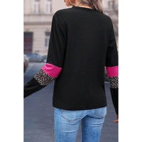 Rose Leopard Colorblock Patchwork Crew Neck Long Sleeve Tee - L thumbnail