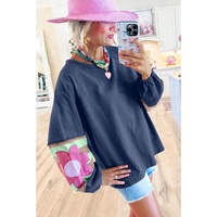 Sail Blue Flower Patchwork Raglan Sleeve Exposed Seam Oversized Top - 2XL thumbnail