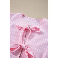 Pink Stripe Bowknot Front Crew Neck Puff Sleeve Blouse - L thumbnail
