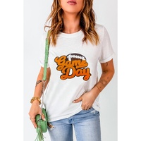 White Chenille Game Day Rugby Football Pattern Crewneck T Shirt - M thumbnail