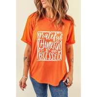 Orange Grateful Thankful Blessed Printed Thanksgiving T Shirt - S thumbnail