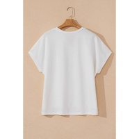 White Floral Applique Notched V Neck Dolman Sleeve Top - M thumbnail