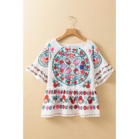 White Boho Floral Print Round Neck Ruffle Trim Blouse - S thumbnail