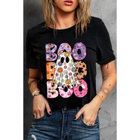 Black BOO Floral Ghost Print Crew Neck Halloween T Shirt - L thumbnail