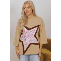 Camel Floral Star Patchwork 3/4 Long Sleeve Top - L thumbnail