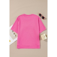 Strawberry Pink Contrasting Color Ribbon Bow Front Patch Loose Tee with Slits - L thumbnail