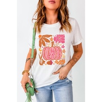 White Floral Pumpkin Printed Crewneck Thanksgiving T Shirt - XL thumbnail
