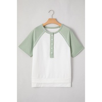 Clearly Aqua Colorblock Raglan Short Sleeve Half Buttons High Low T Shirt - L thumbnail