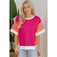 Rose Red Color Block Patchwork Side Slits Loose Fit T Shirt - XL thumbnail