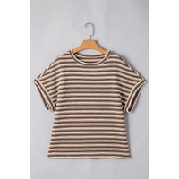 Brown Stripe Textured Side Slits Crew Neck T Shirt - L thumbnail