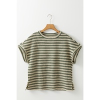 Green Stripe Textured Side Slits Crew Neck T Shirt - L thumbnail