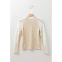 Beige Floral Lace Patchwork Long Sleeve High Neck Slim Top - L thumbnail
