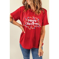Red Merry Christmas Lights Print Crew Neck T Shirt - M thumbnail