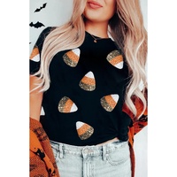 Black Sequin Triangle Patched Pattern Halloween T Shirt - L thumbnail