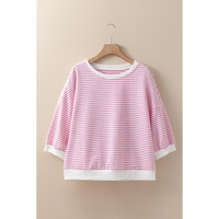 Pink Striped 3/4 Sleeve Drop Shoulder Top - XL thumbnail