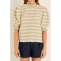 Beige Textured Mock Neck Short Sleeve Blouse - XL thumbnail