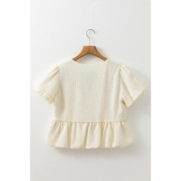 White Textured Bow Ties Front Bubble Hem Puff Short Sleeve Blouse - L thumbnail