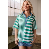 Green Stripe Colorblock Collar Half Buttons T Shirt - L thumbnail