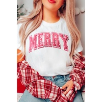 White MERRY Letter Christmas Crew Neck Short Sleeve Top - XL thumbnail