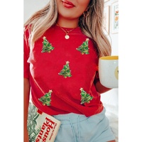 Red Sequined Christmas Tree Graphic Crewneck T Shirt - S thumbnail
