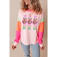 Pink Christmas Sequin Nutcracker Graphic Colorblock Long Sleeve Top - L thumbnail