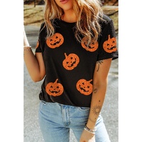 Black Glittering Pumpkin Face Graphic Crewneck Halloween T Shirt - M thumbnail