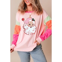 Pink Christmas Santa Claus Graphic Colorblock Patchwork Top - L thumbnail