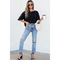 Black Pearl Beaded  Drop Shoulder Crewneck T Shirt - S thumbnail