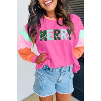 Azura Exchange Rose Red Chenille MERRY Christmas Patched Colorblock Long Sleeve Top - XL thumbnail